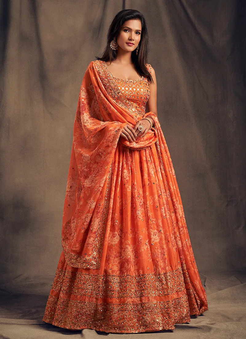 Orange Golden Floral Printed Lehenga Choli