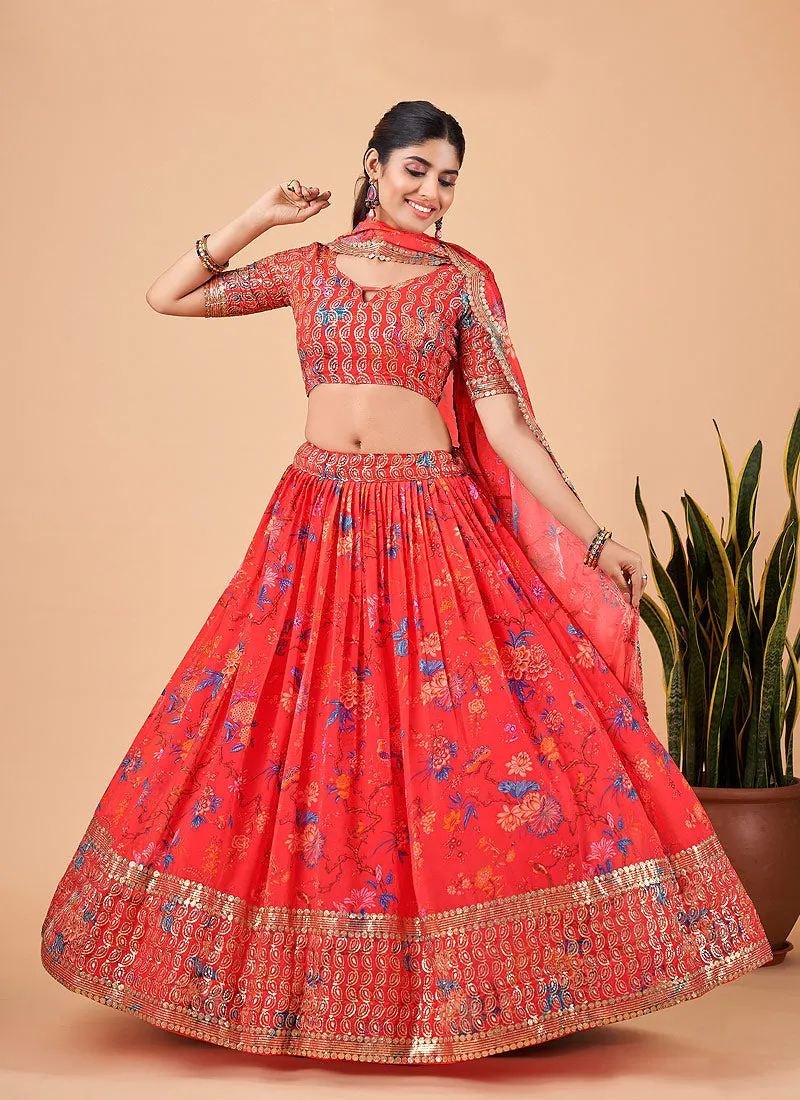 Orange Sequence Embroidery Floral Festive Lehenga Choli