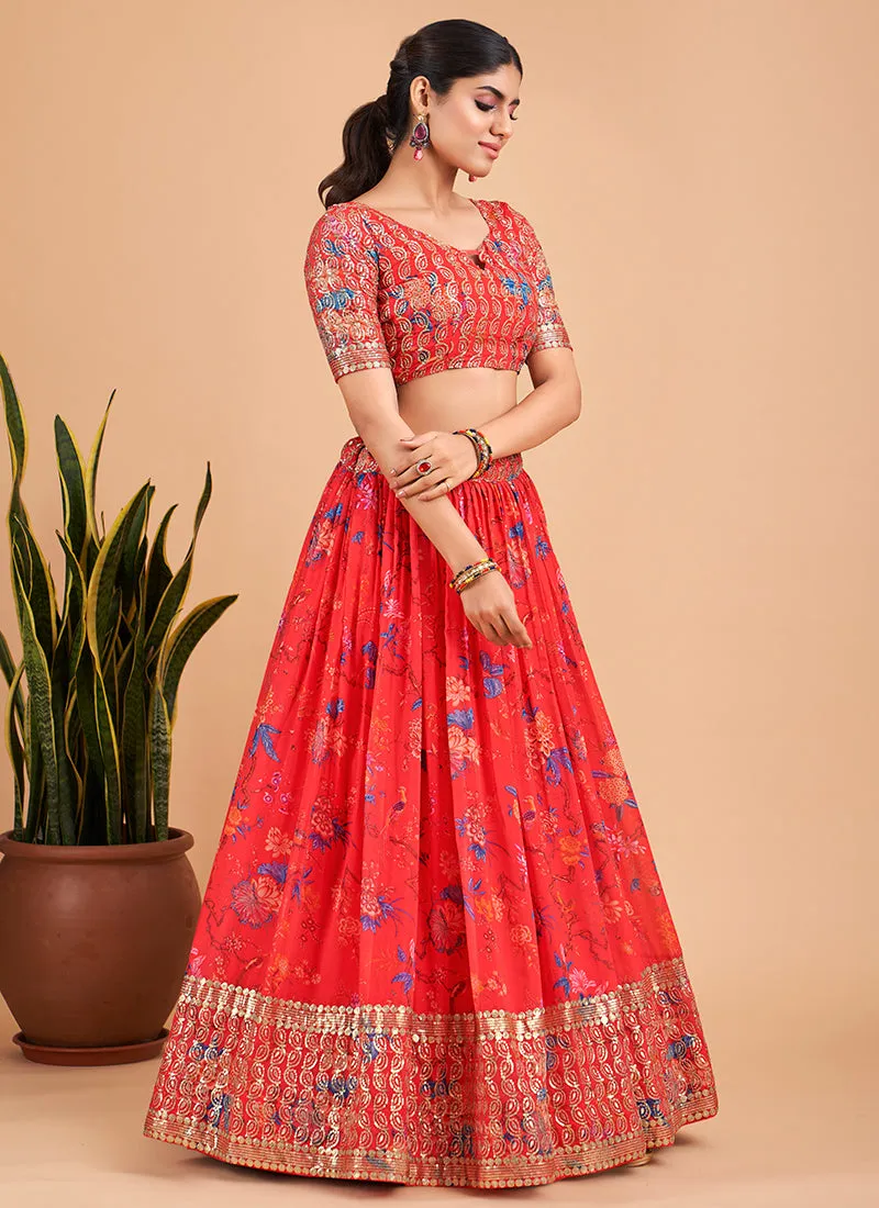 Orange Sequence Embroidery Floral Festive Lehenga Choli