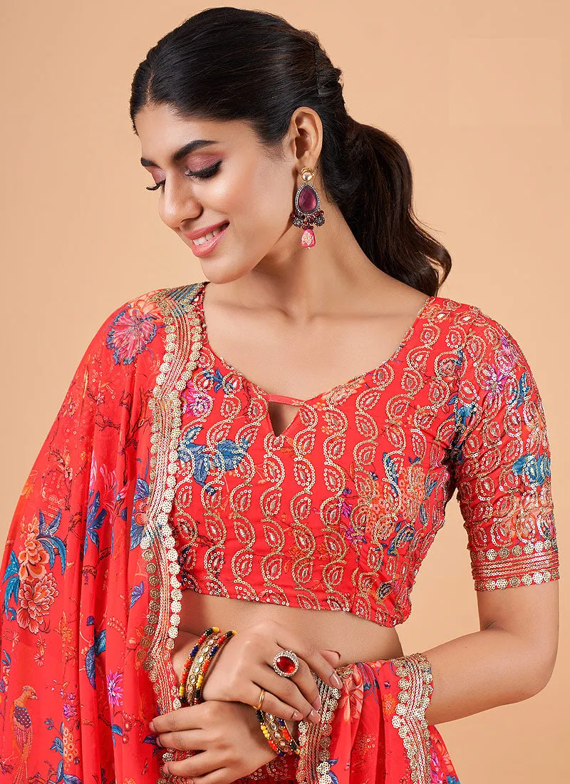 Orange Sequence Embroidery Floral Festive Lehenga Choli