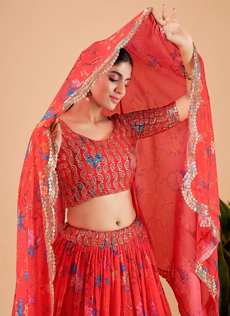 Orange Sequence Embroidery Floral Festive Lehenga Choli