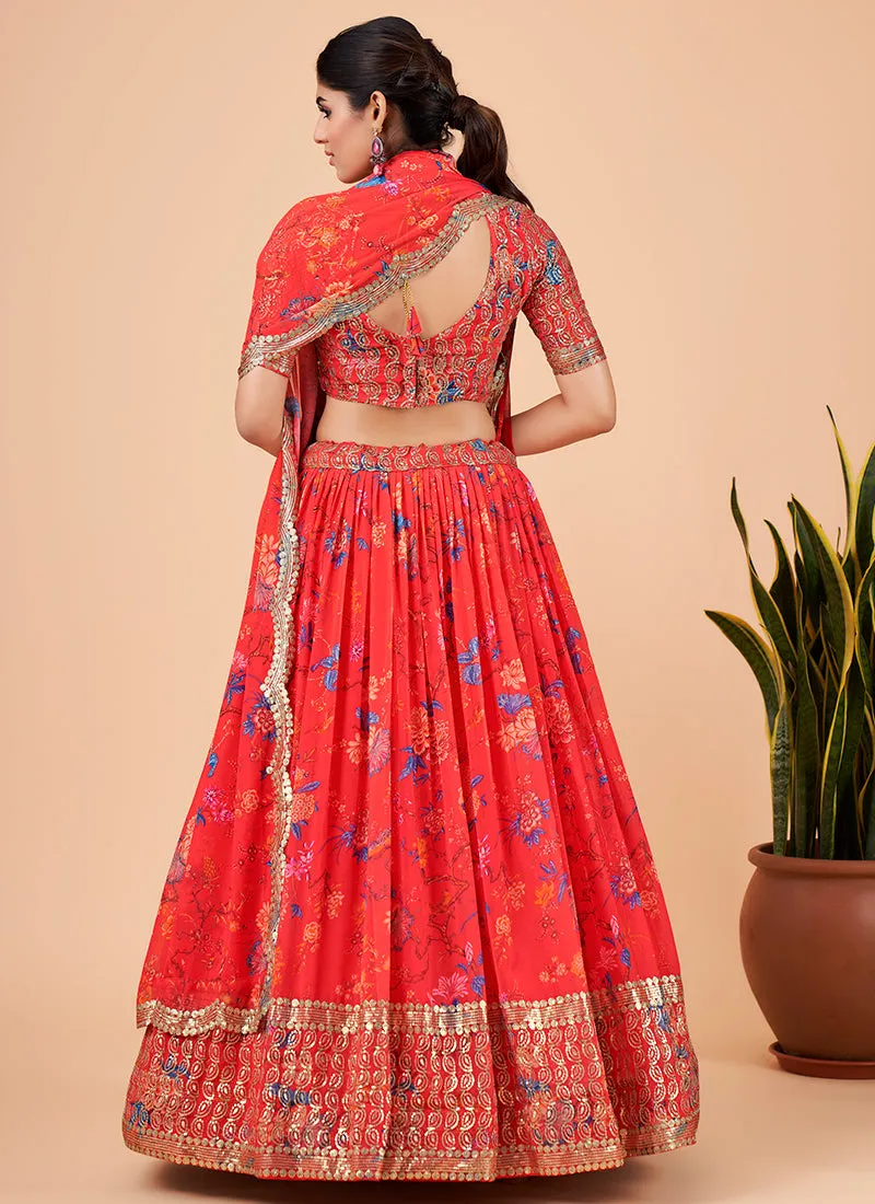 Orange Sequence Embroidery Floral Festive Lehenga Choli