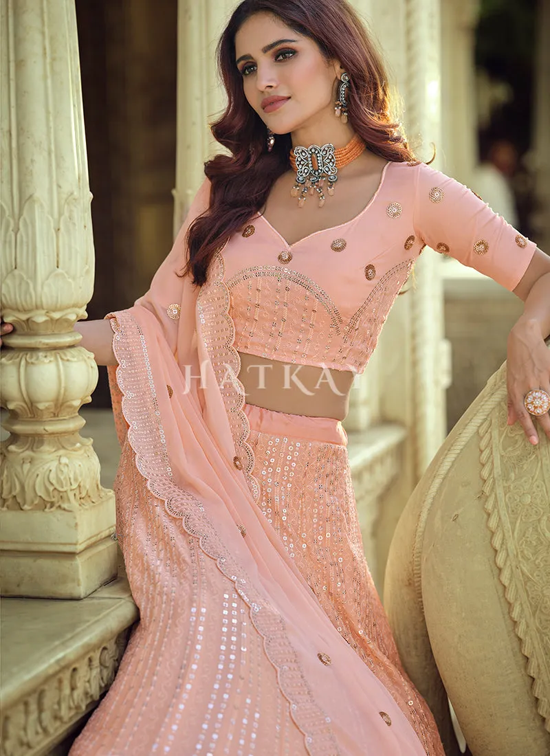 Pale Peach Sequence Embroidered Wedding Lehenga Choli