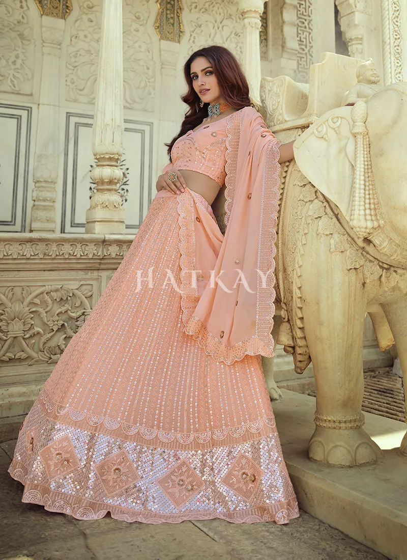 Pale Peach Sequence Embroidered Wedding Lehenga Choli
