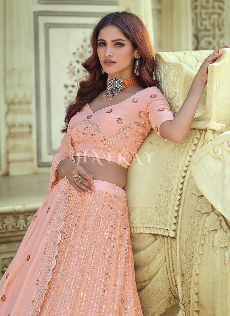 Pale Peach Sequence Embroidered Wedding Lehenga Choli