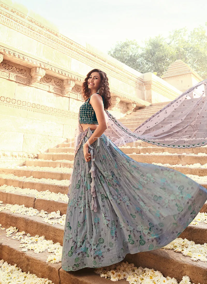 Pastel Purple Embroidered Lehenga With Green Choli