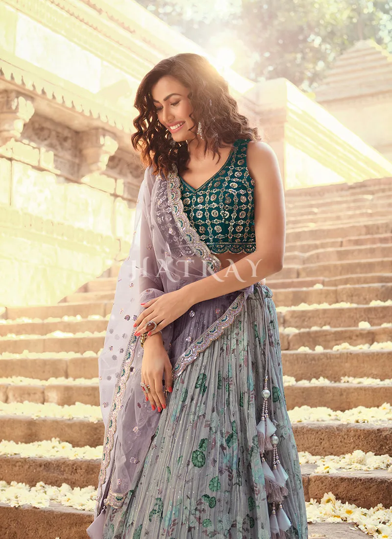 Pastel Purple Embroidered Lehenga With Green Choli