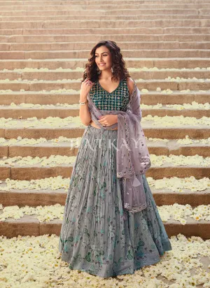 Pastel Purple Embroidered Lehenga With Green Choli