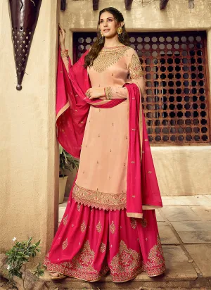 Peach And Pink Embroidered Designer Sharara Suit