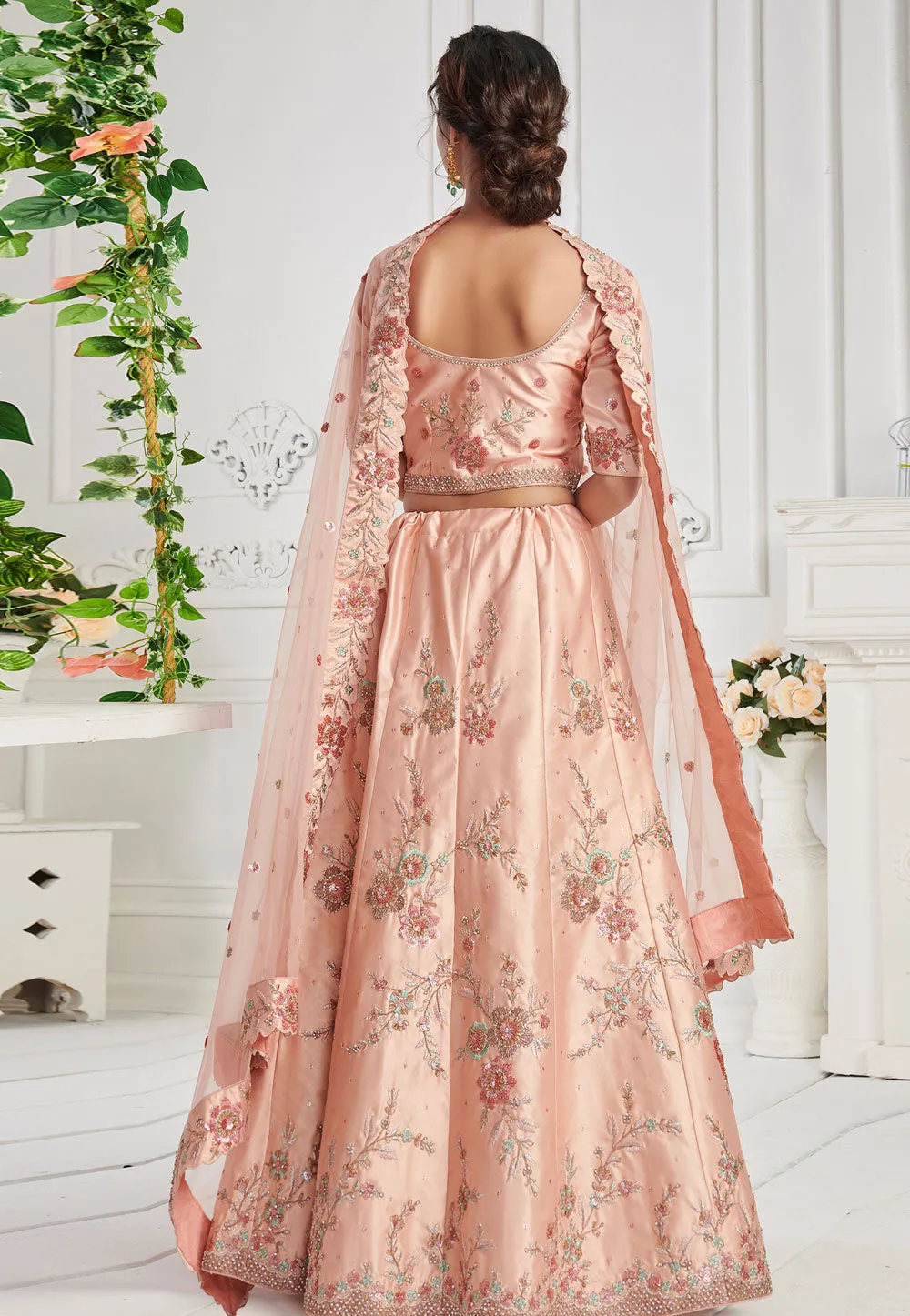 Peach Floral Embroidered Designer Lehenga Choli
