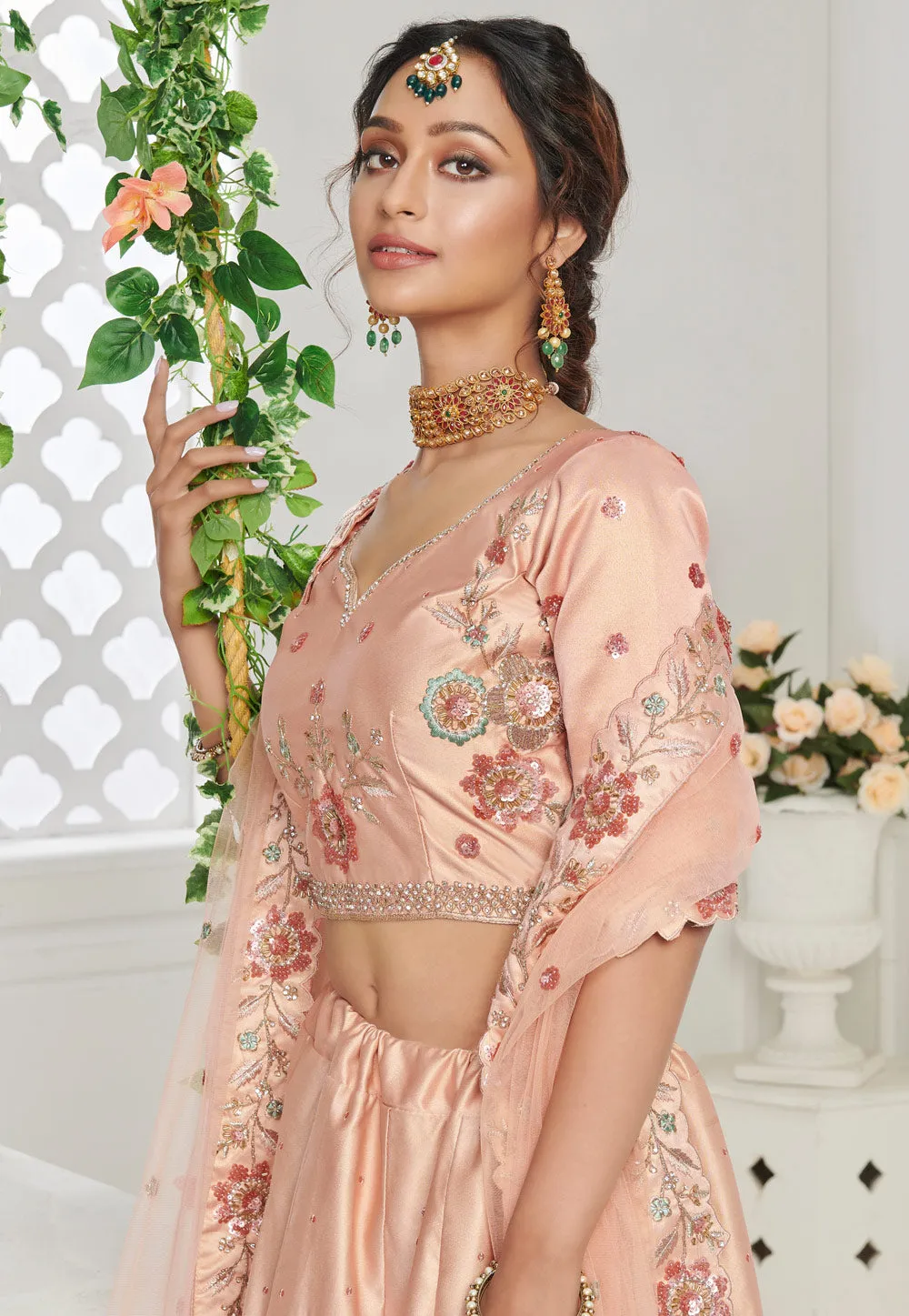 Peach Floral Embroidered Designer Lehenga Choli