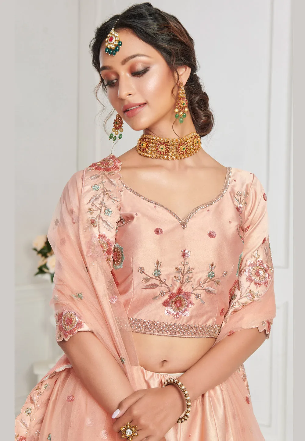 Peach Floral Embroidered Designer Lehenga Choli