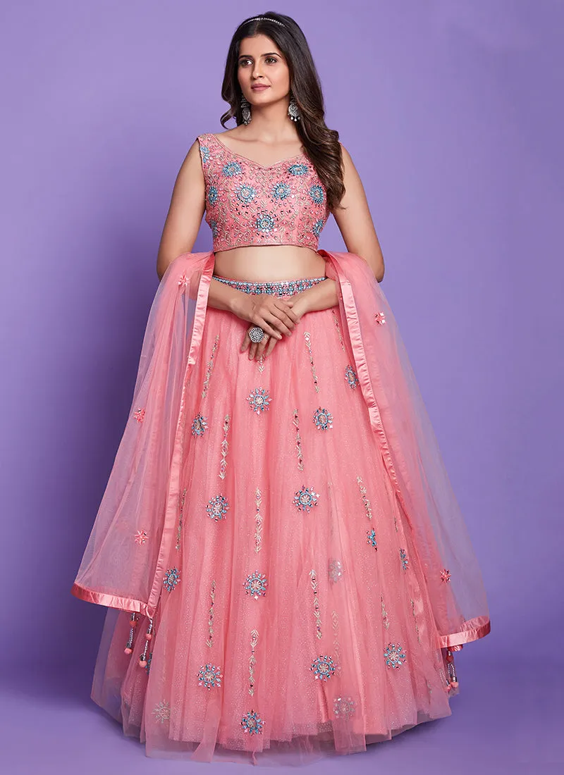 Peach Mirror Work Embroidery Wedding Lehenga Choli