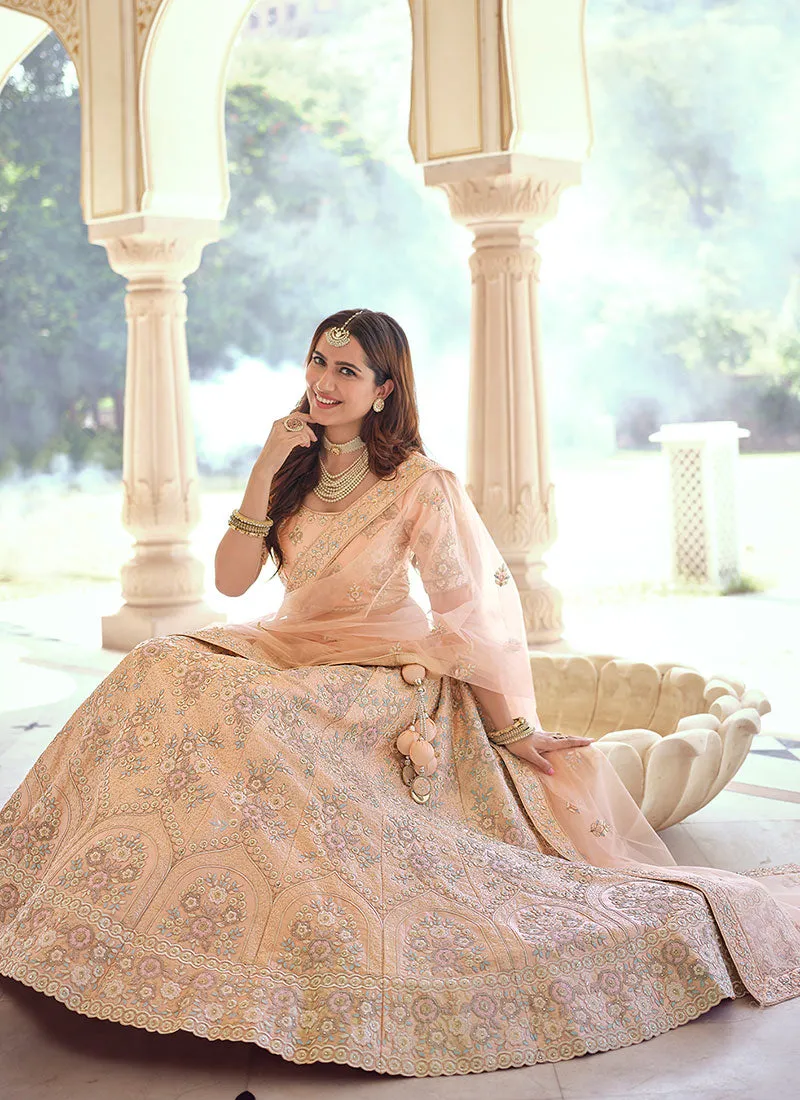 Peach Multi Embroidery Wedding Lehenga Choli With Dupatta