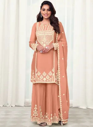 Peach Reshamkari Embroidered Gharara Style Suit