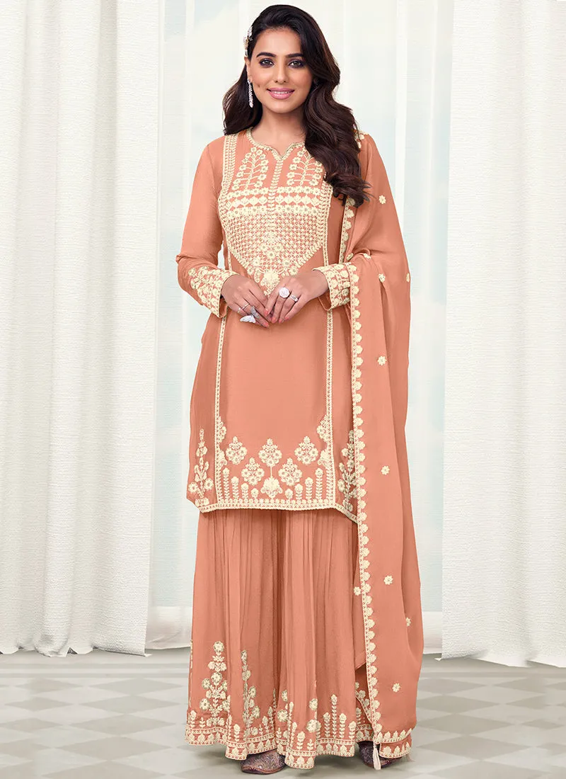 Peach Reshamkari Embroidered Gharara Style Suit