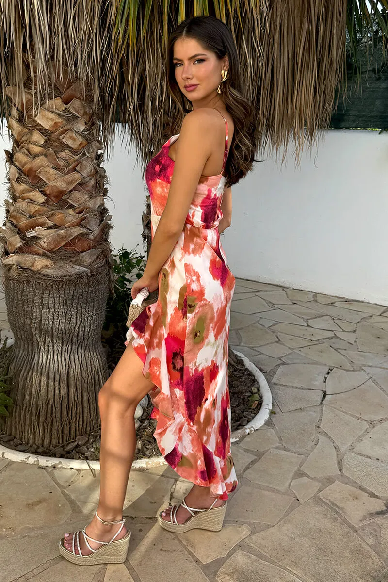 Peach Smudge Print Racer Neck High Low Frill Hem Midi Dress