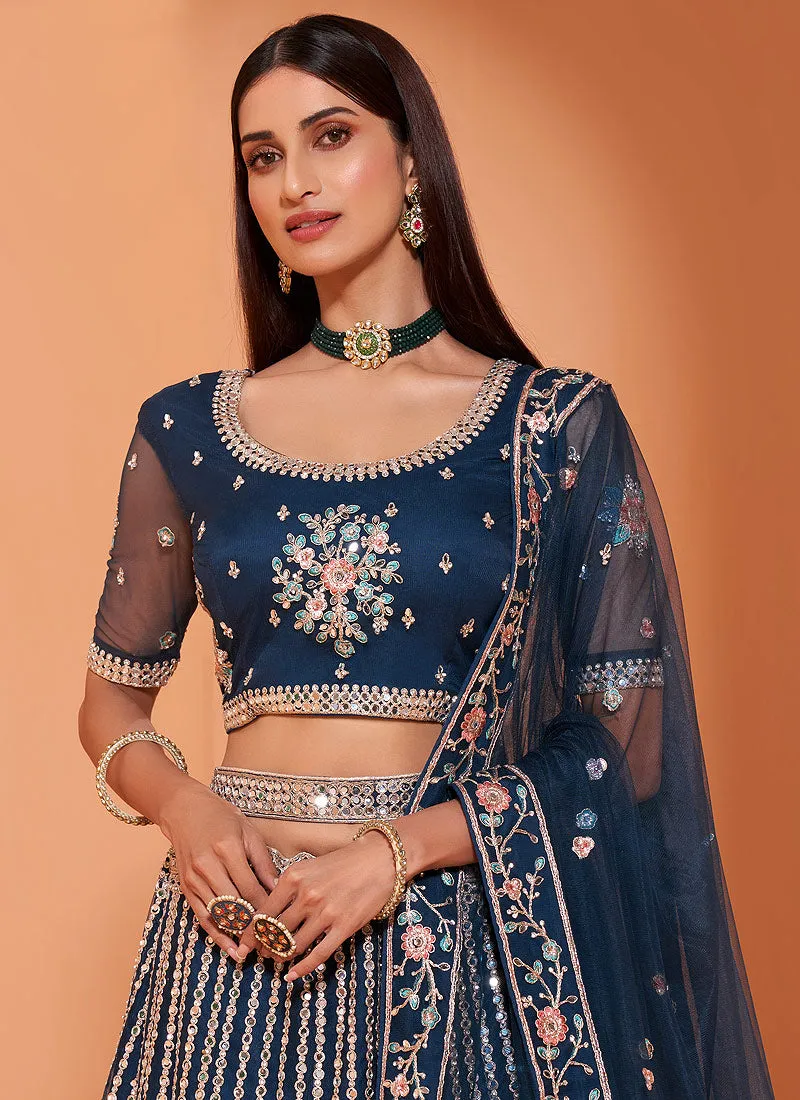 Persian Blue Motif Embroidered Wedding Lehenga Choli
