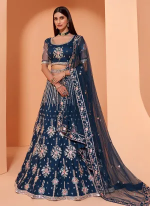 Persian Blue Motif Embroidered Wedding Lehenga Choli