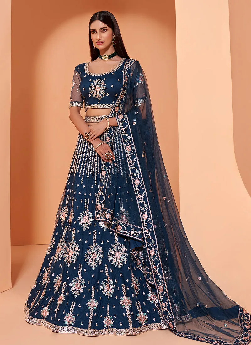 Persian Blue Motif Embroidered Wedding Lehenga Choli