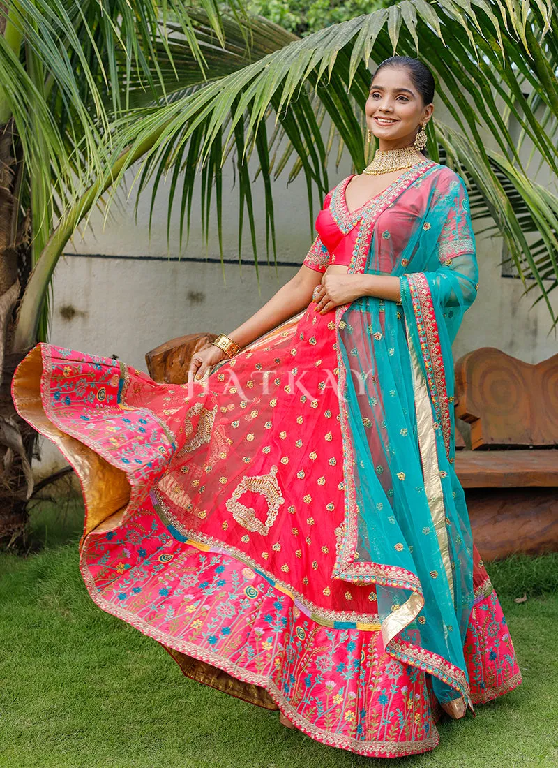Pink And Blue Multi Embroidery Silk Lehenga Choli