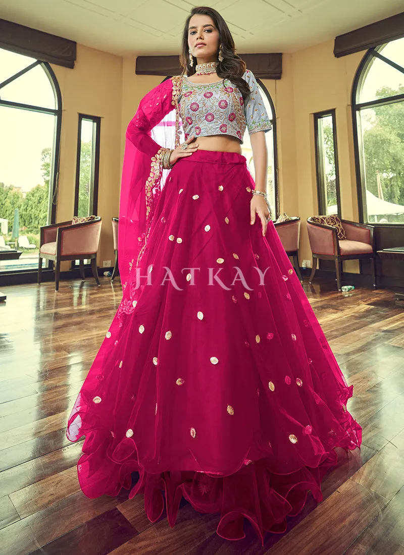 Pink And Grey Sequence Embroidered Net Lehenga Choli
