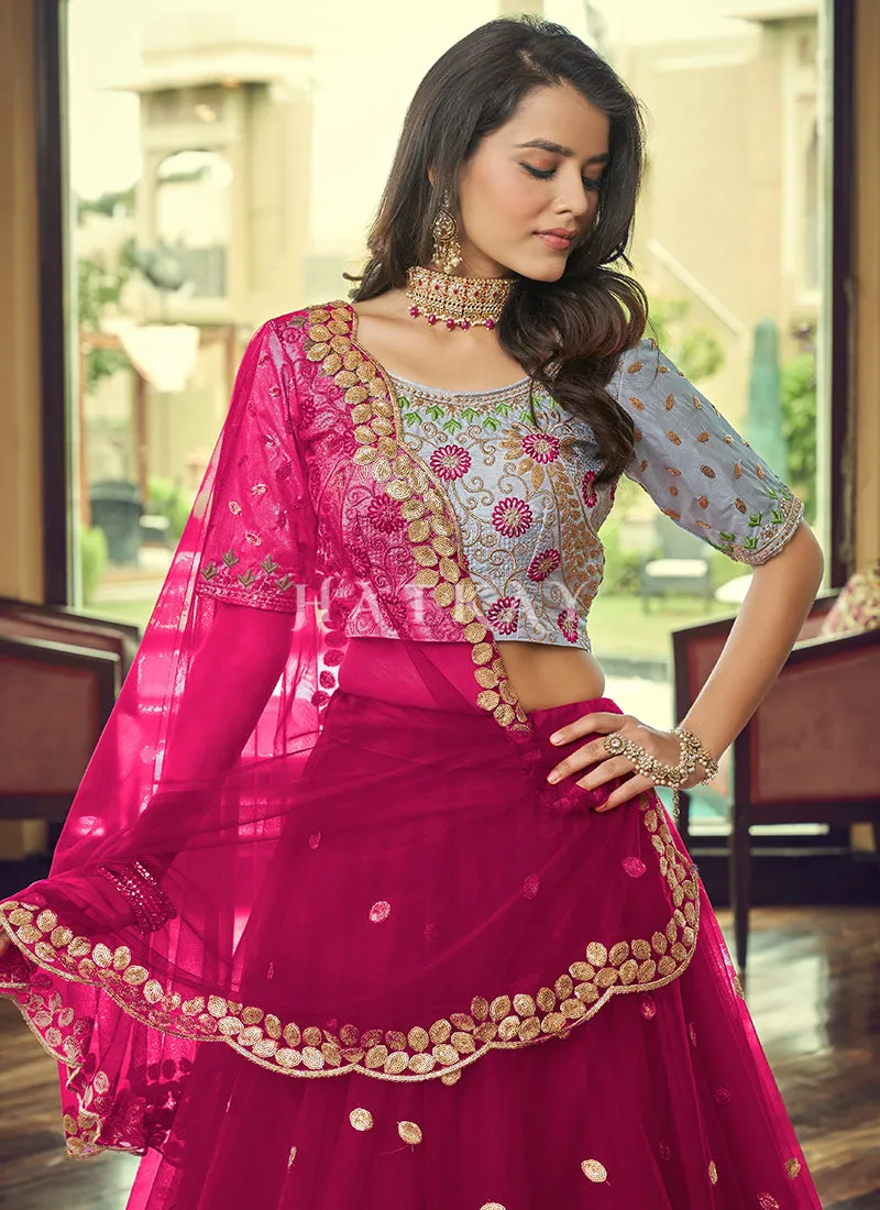 Pink And Grey Sequence Embroidered Net Lehenga Choli