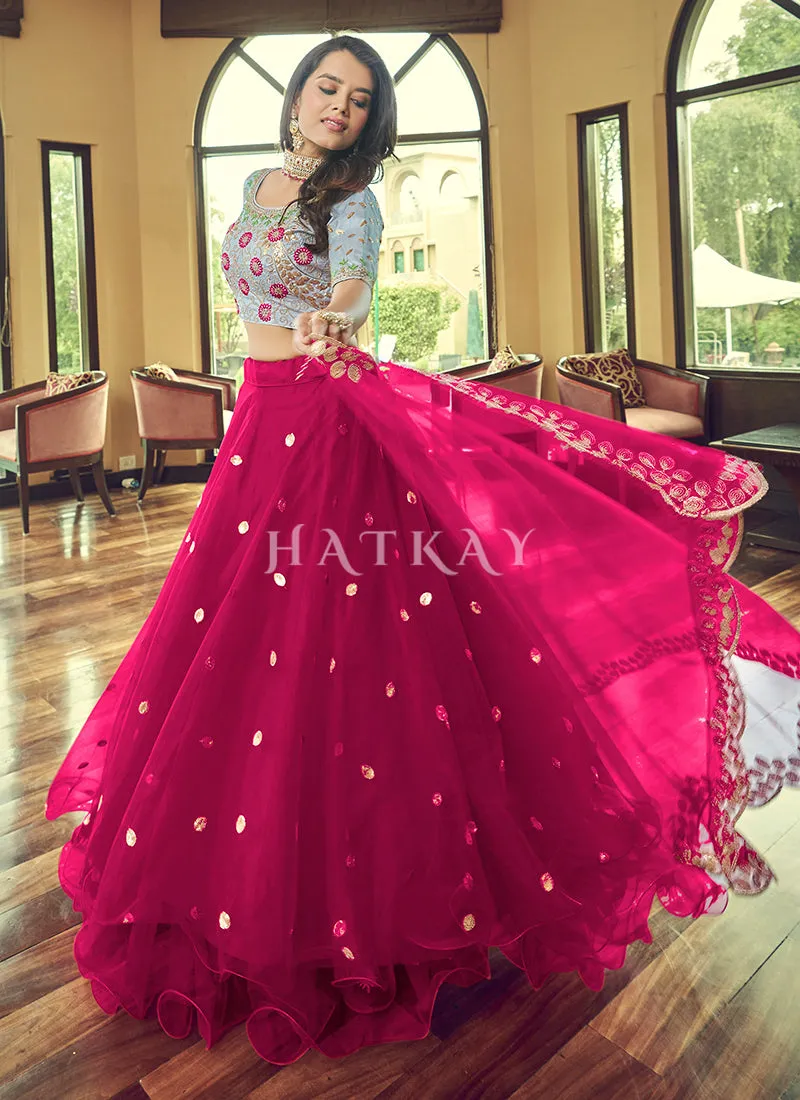 Pink And Grey Sequence Embroidered Net Lehenga Choli