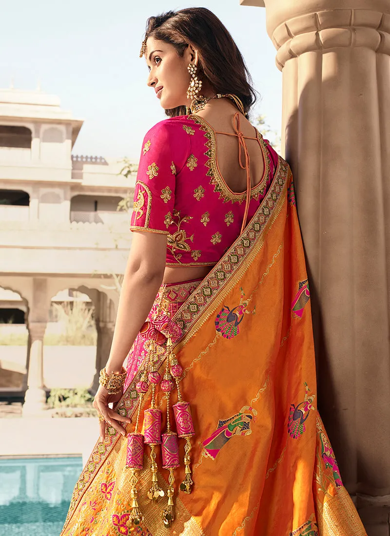 Pink And Orange Embroidery Wedding Lehenga Choli With Belt