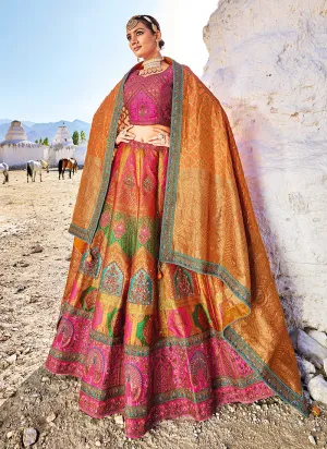 Pink And Orange Embroidery Wedding Lehenga Choli