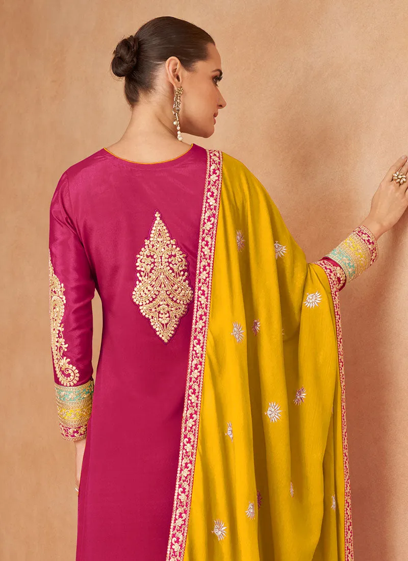 Pink And Yellow Designer Embroidery Palazzo Suit