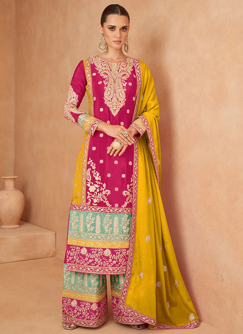 Pink And Yellow Designer Embroidery Palazzo Suit