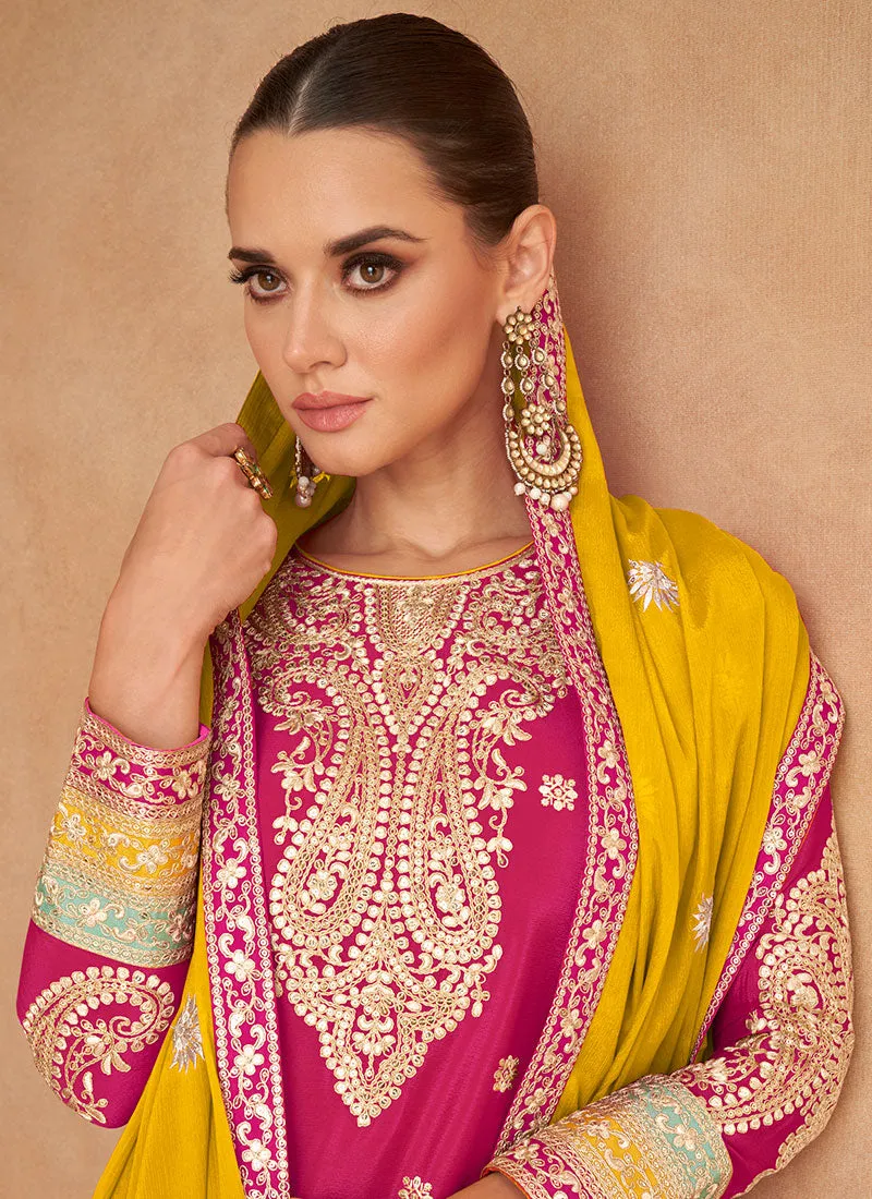 Pink And Yellow Designer Embroidery Palazzo Suit