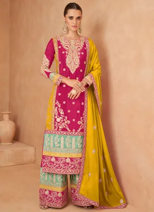 Pink And Yellow Designer Embroidery Palazzo Suit
