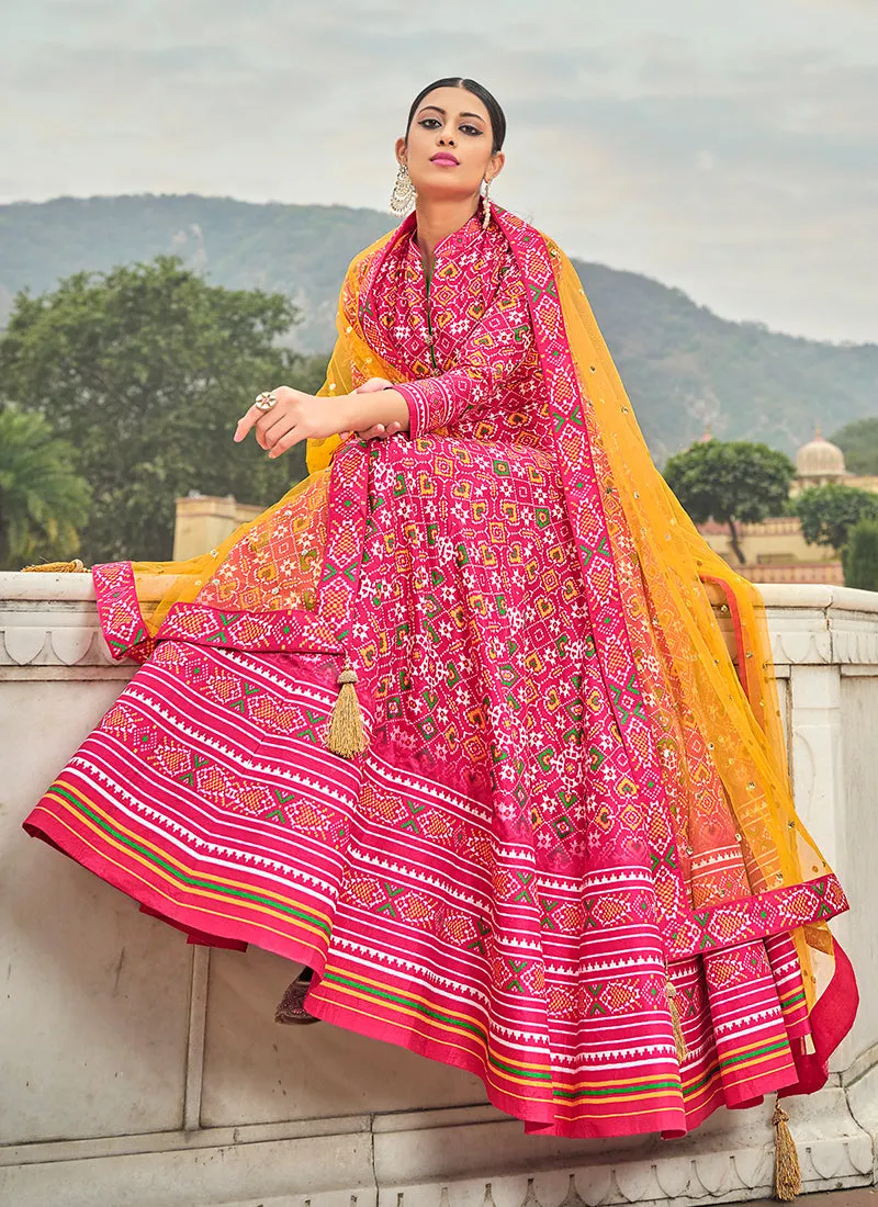 Pink And Yellow Multicoloured Printed Silk Designer Anarkali Gown