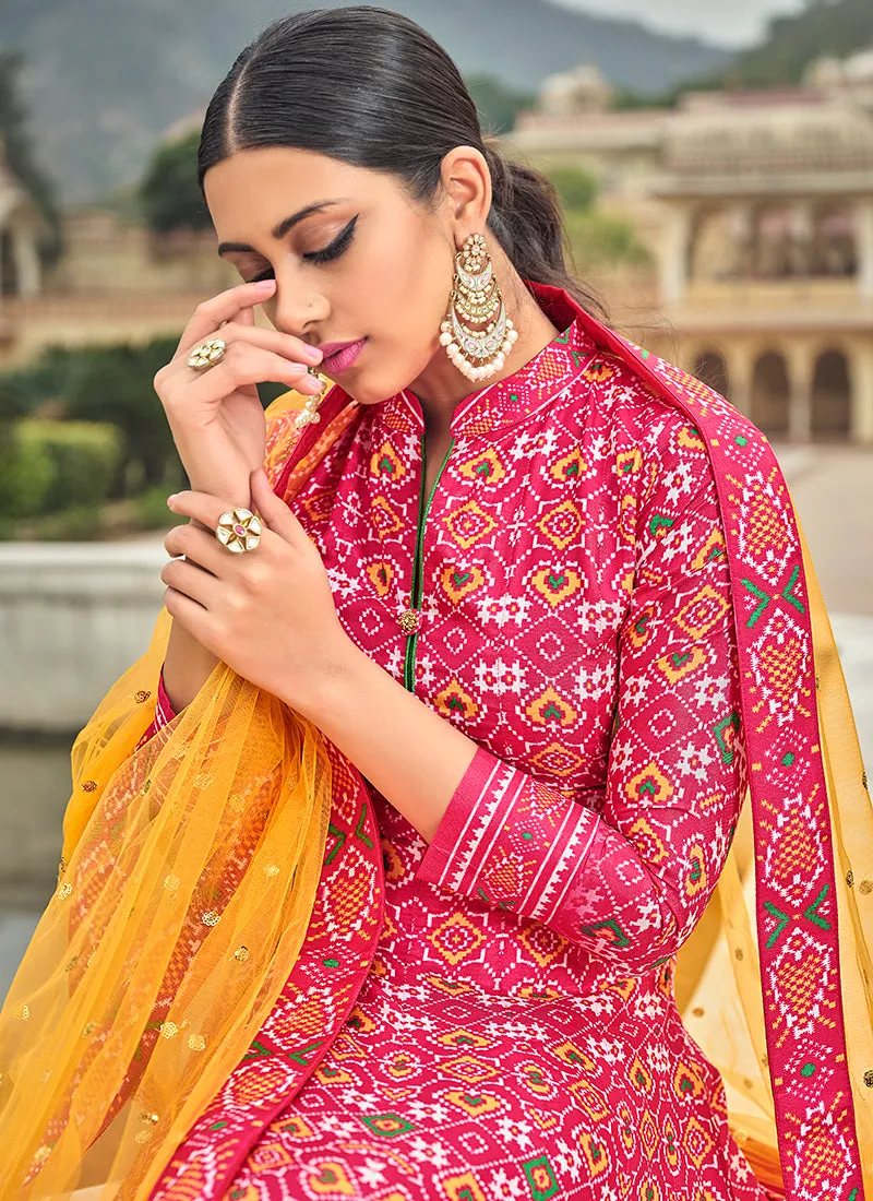 Pink And Yellow Multicoloured Printed Silk Designer Anarkali Gown
