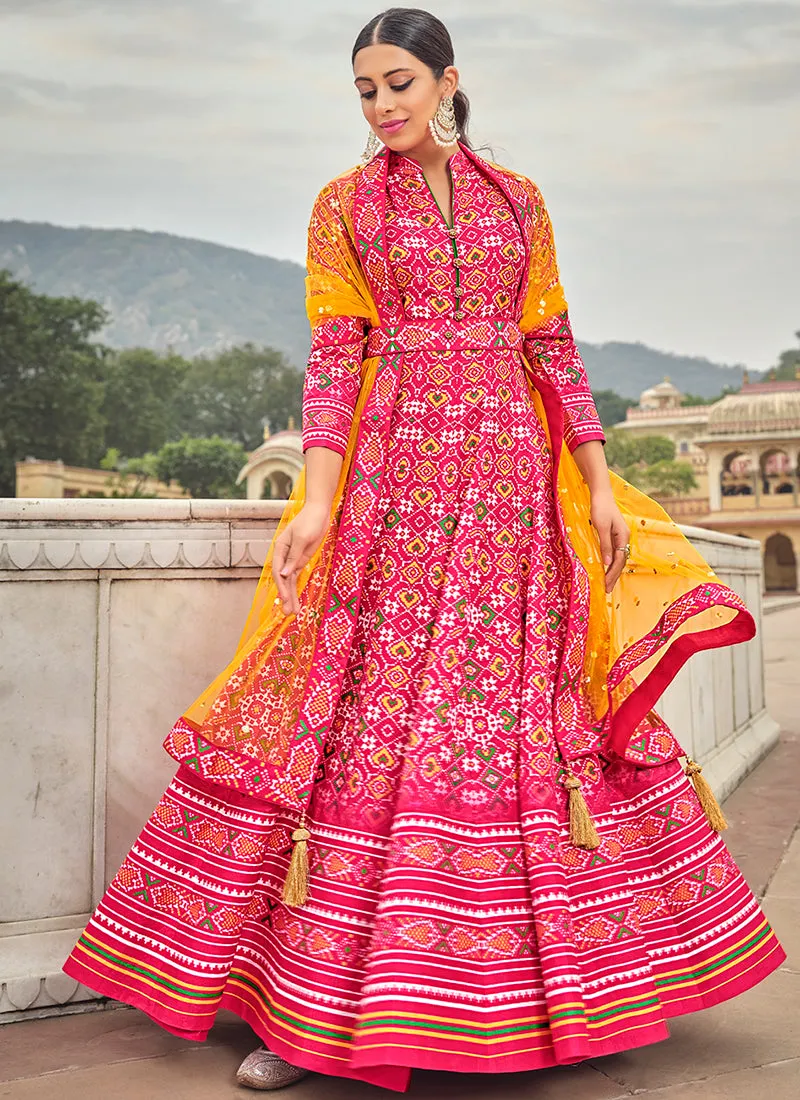 Pink And Yellow Multicoloured Printed Silk Designer Anarkali Gown