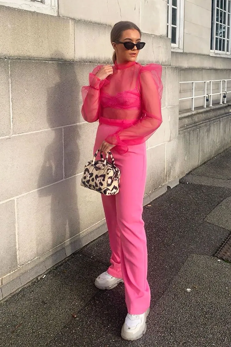 Pink Mesh High Neck Open Back Blouse - Anthea