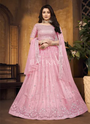 Pink Mirror Work Net Lehenga Choli