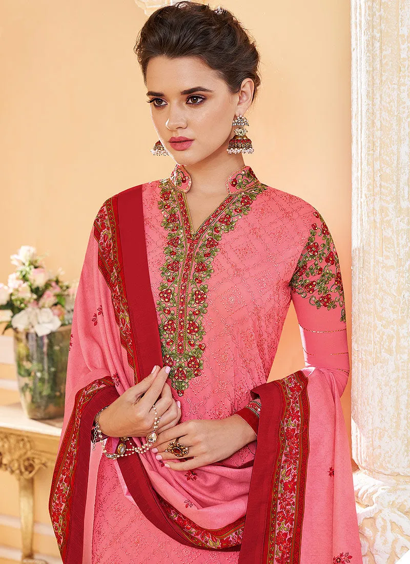 Pink Multi Embroidered Designer Pant Style Suit