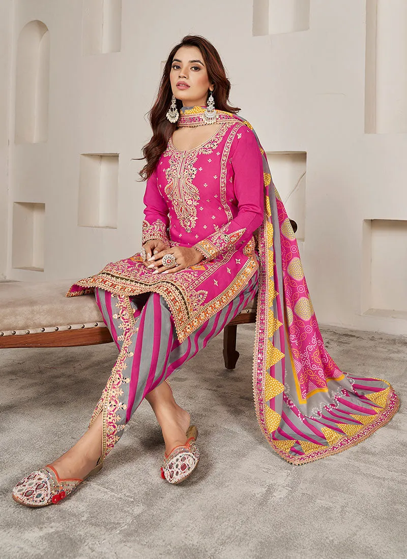 Pink Multi Embroidered Kurti And Dhoti Style Pant Suit