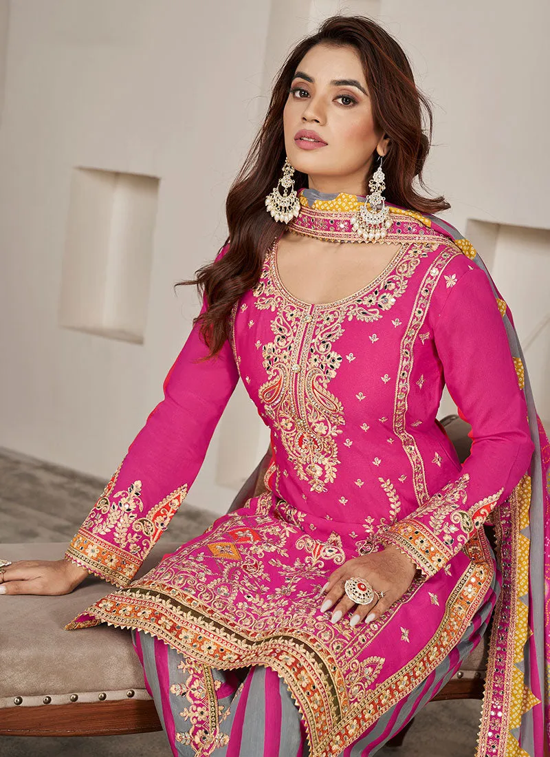 Pink Multi Embroidered Kurti And Dhoti Style Pant Suit