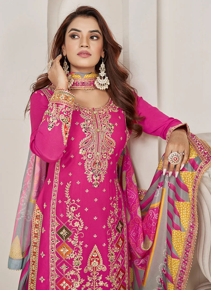Pink Multi Embroidered Kurti And Dhoti Style Pant Suit