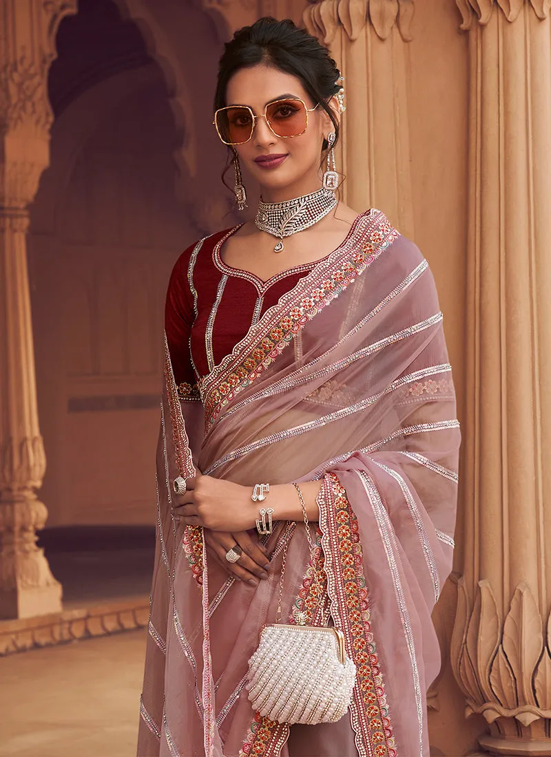 Pink Two Tone Traditional Embroidery Organza Silk Saree