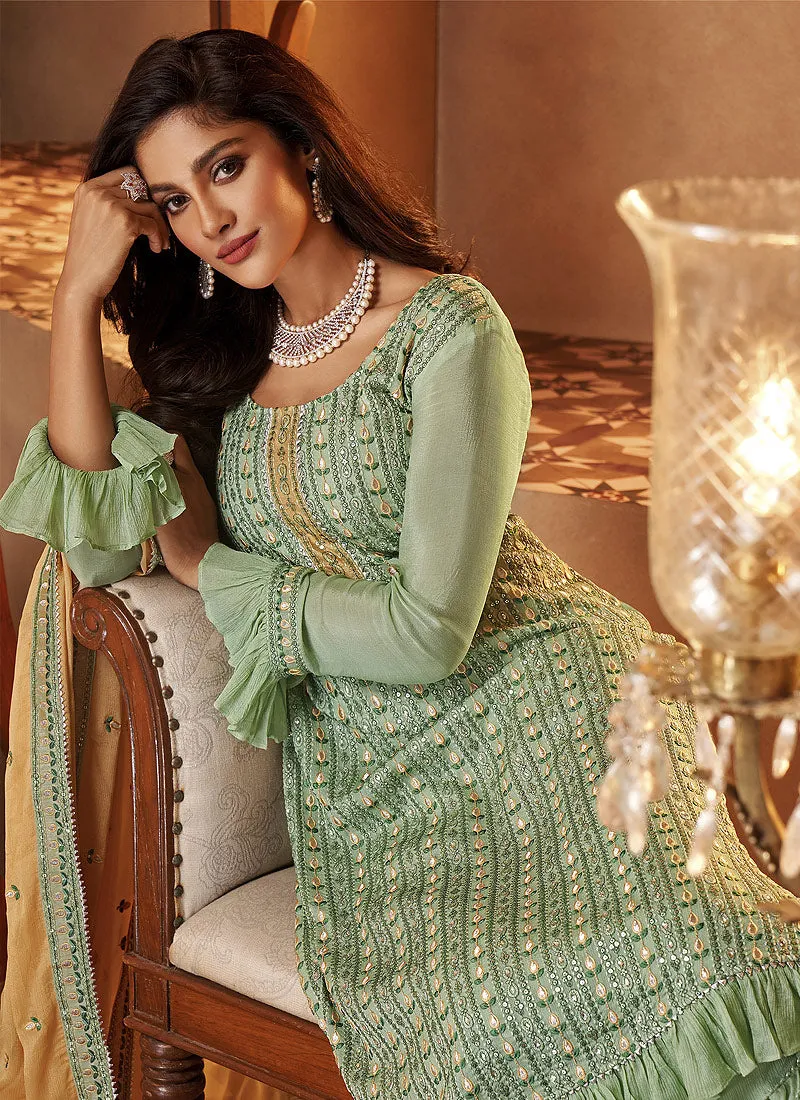 Pista Green Mirror Embroidered Designer Gharara Suit