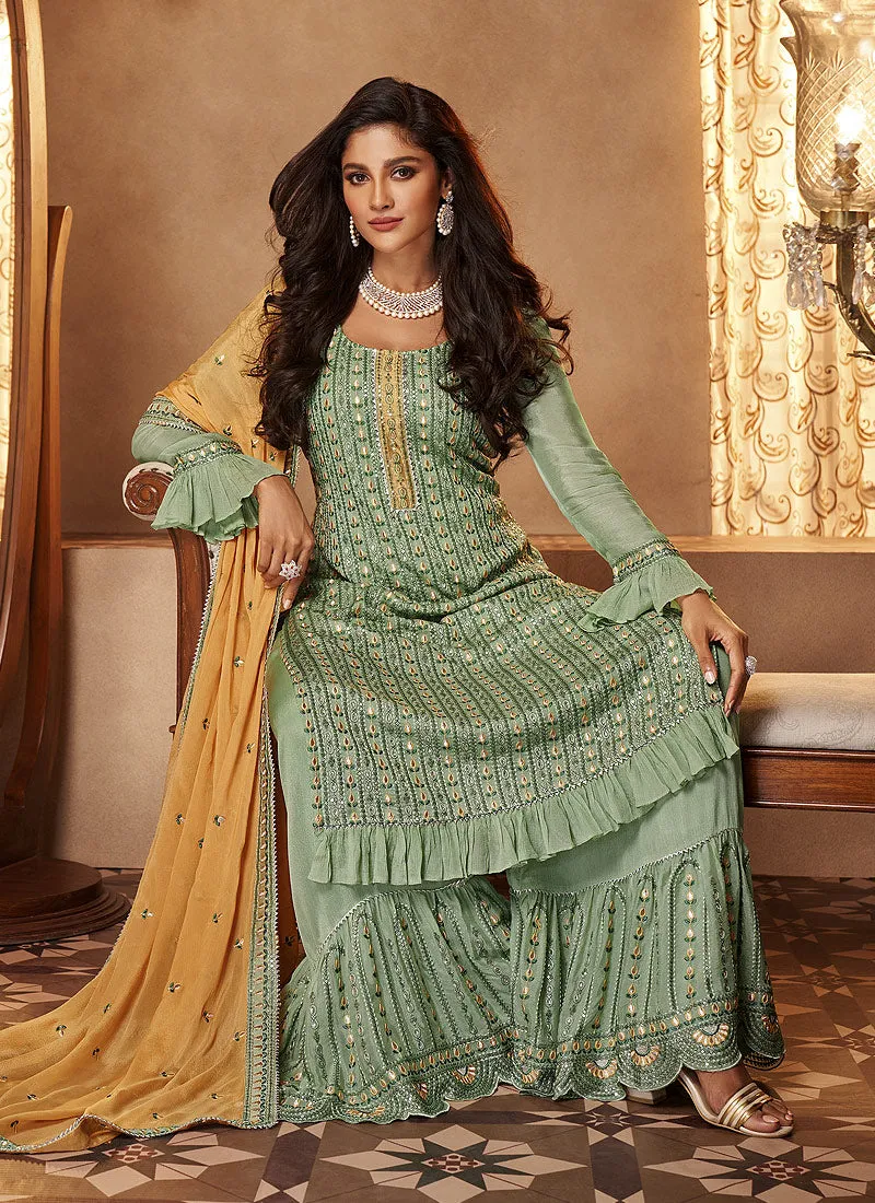 Pista Green Mirror Embroidered Designer Gharara Suit