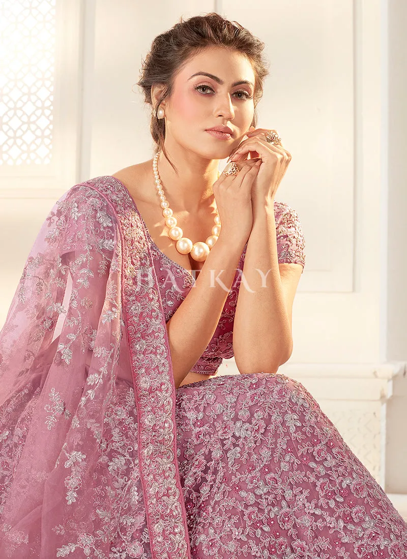 Purple Embroidered Wedding Style Net Lehenga Choli