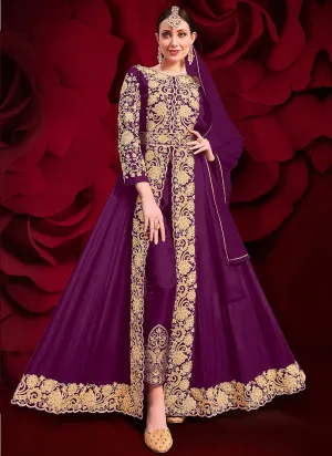 Purple Golden Embroidered Slit Style Anarkali Pant Suit