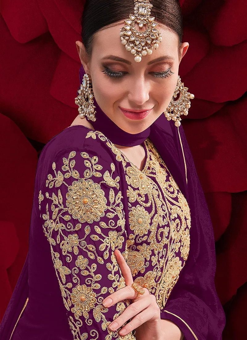 Purple Golden Embroidered Slit Style Anarkali Pant Suit