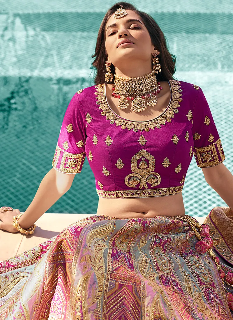 Purple Multi Embroidery Wedding Lehenga Choli With Belt